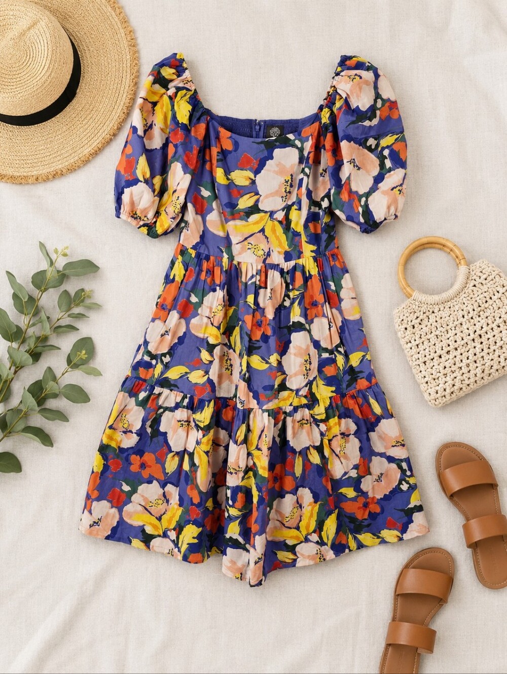 Vince Camuto Ruched Babydoll Tiered Ballon Sleeves Floral Cotton Dress Ladies 12